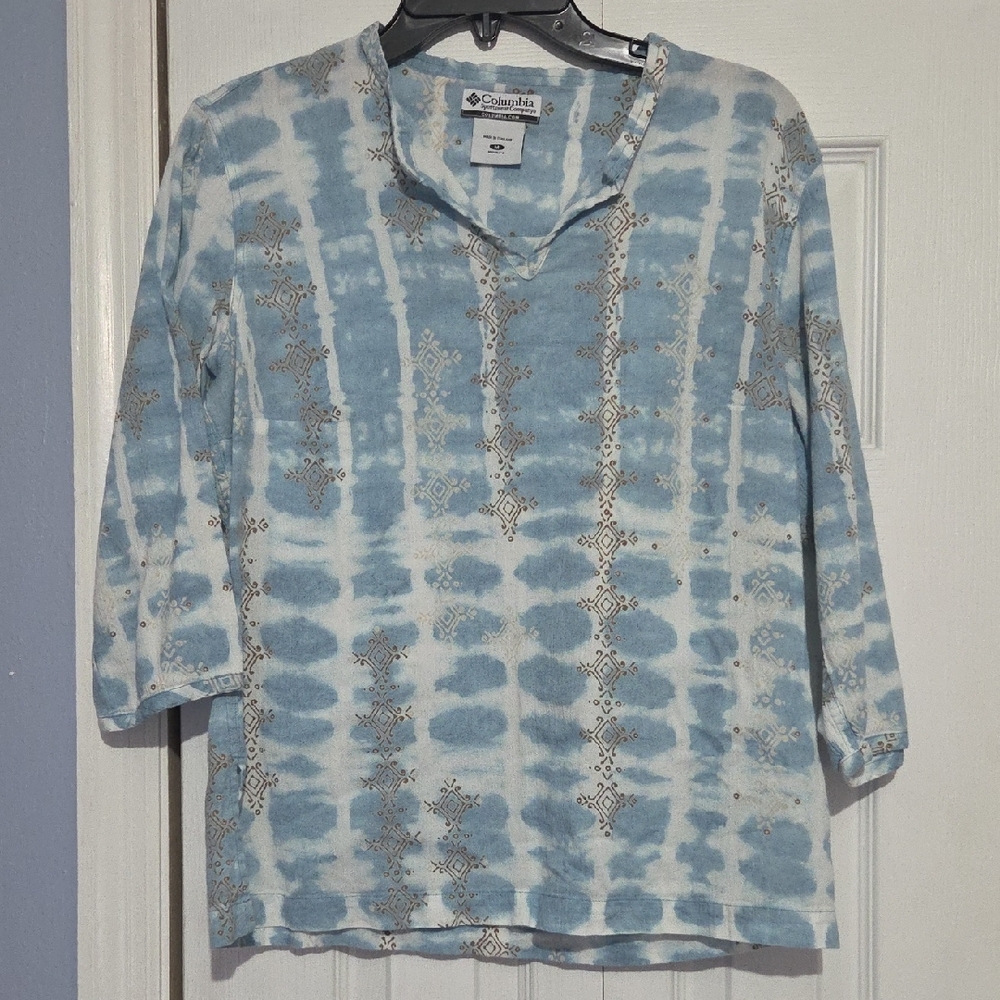 Columbia Blue and White Women's Cotton Blouse 3/4 Length Sleeves